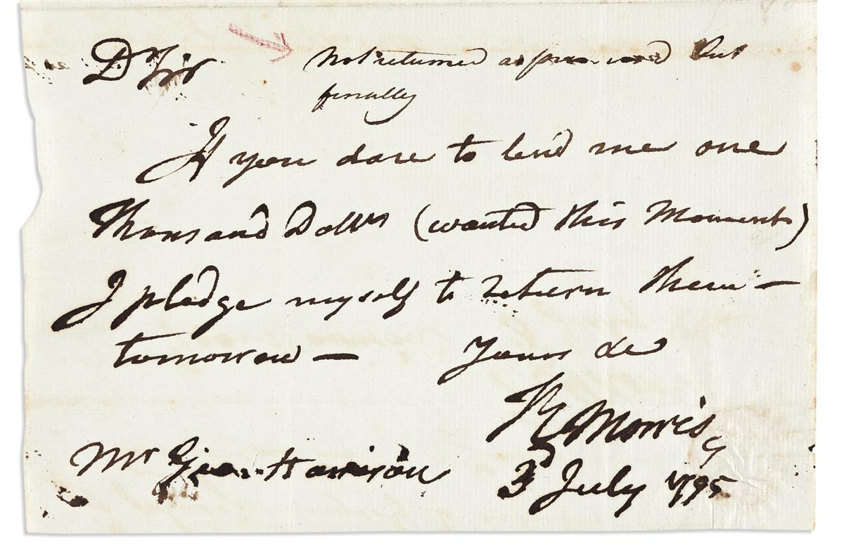 MORRIS, ROBERT. Brief Autograph Letter Signed, RMorris, to Philadelphia merchant George Harrison: